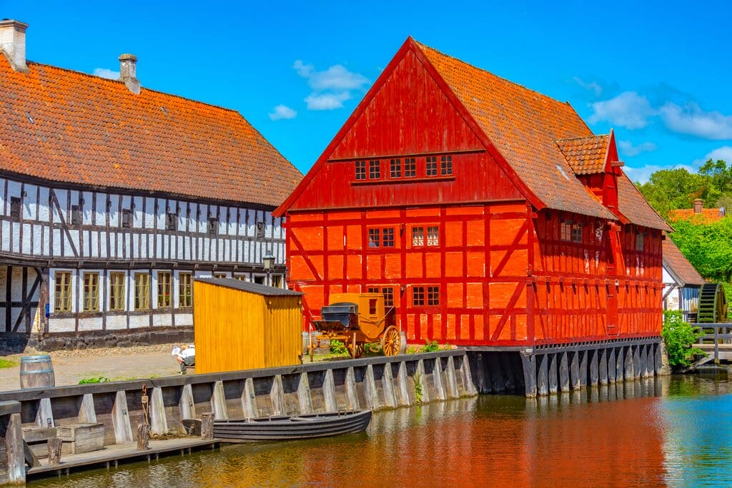Colorful houses in Den Gamle Aarhus - Europe in the fall