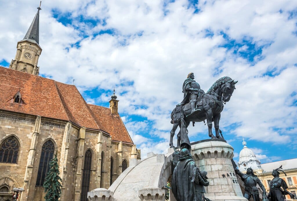 Statue of Matthias Corvinus outside St. Michael's Church in Cluj Napoca Romania