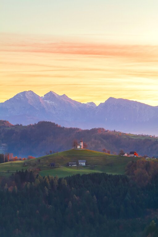 St Thomas Church on hill near Skofja Loka in the Upper Carniola region of Slovenia credit DP Rolandbarat