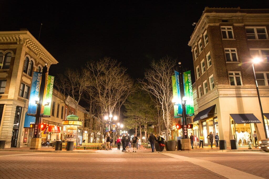 Nighttime in Pearl Street Mall in Boulder Colorado