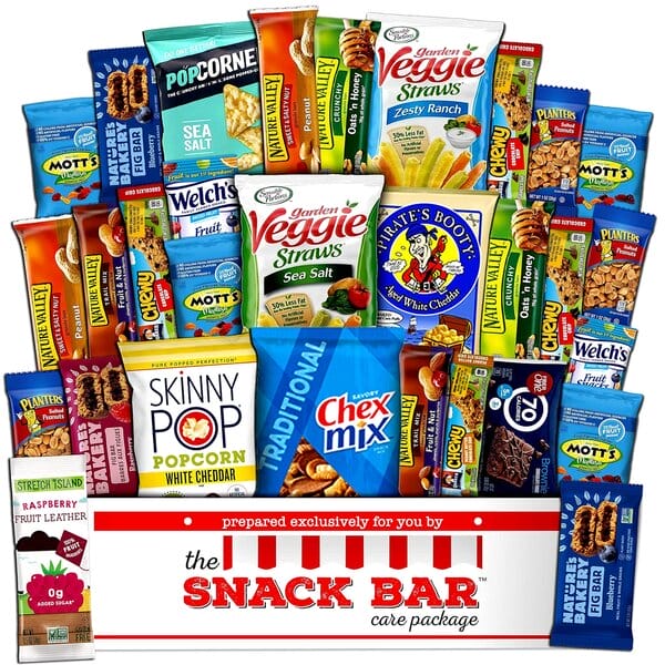 Box of healthy snacks - road trip essentials for kids
