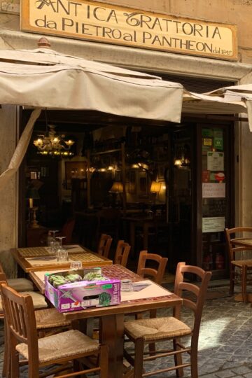 Outdoor tables and chairs at Antica Trattoria Pantheon in Rome, a common area for tourist-trap restaurants and overpricing