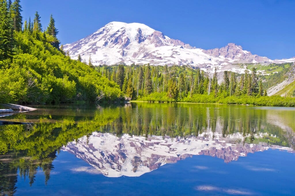 Mount Rainier in the backdrop of Reflection Lake