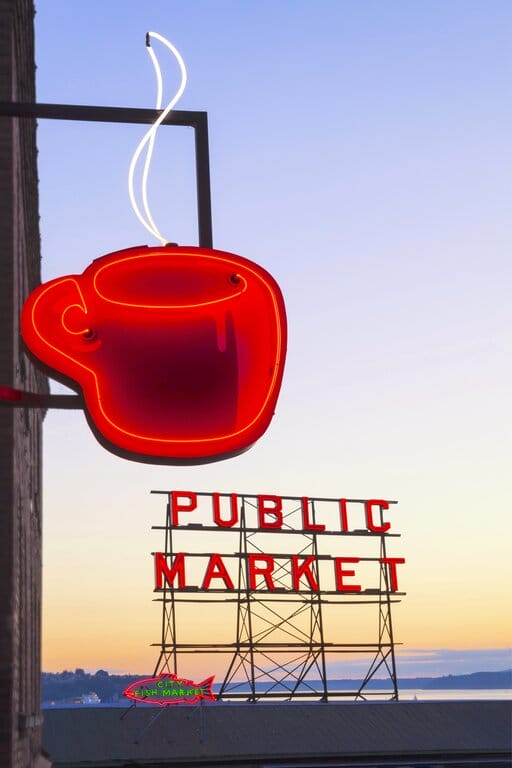 Red neon coffee sign at Pike Place market in Seattle