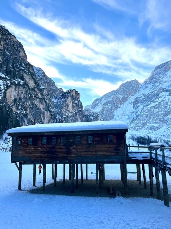 Boat shed in Lake Braies in winter