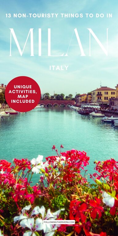 red flowers overlooking Navaglio Grande in Milan Italy