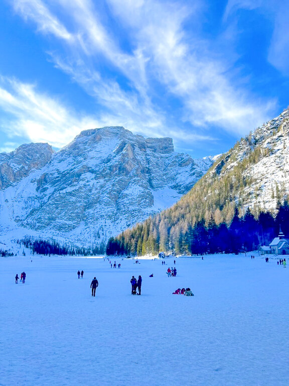 Frozen Lake Braies in the Dolomites