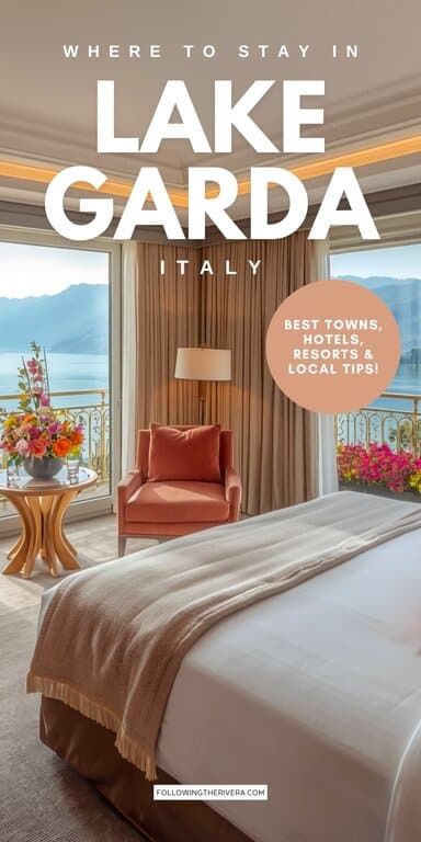 A hotel room in a luxury hotel room overlooking Lake Garda