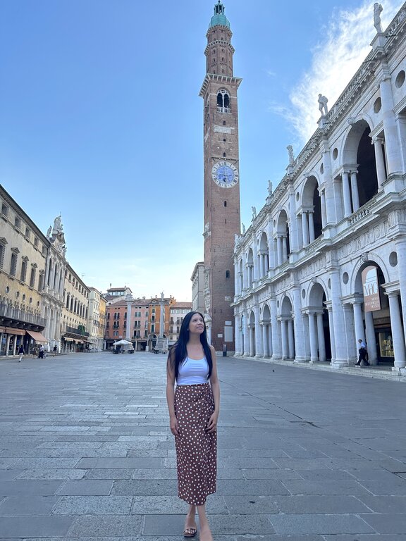 Lisa Rivera standing in the center of Vicenza Italy in June - what to wear in Italy in june