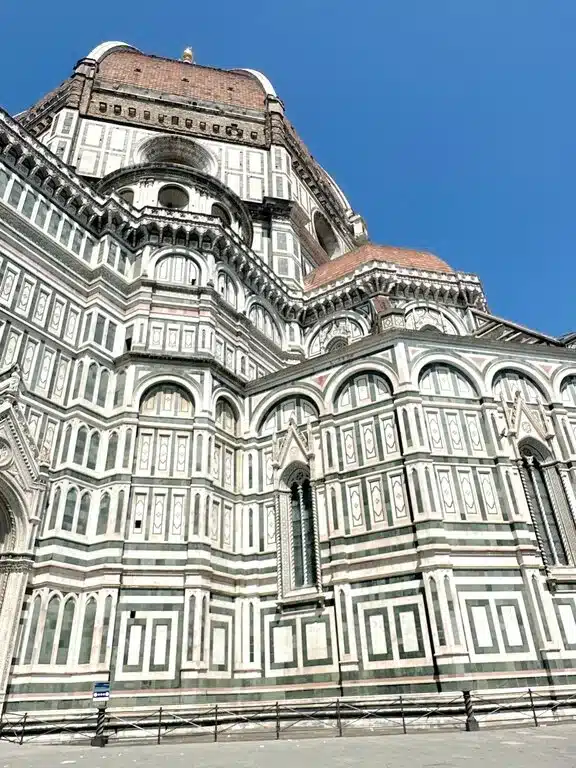 The exterior of the Santa Maria del Fiore Cathedral (Duomo) in Florence, showing the space where the brindellone antique cart is positioned for the Easter Sunday fireworks