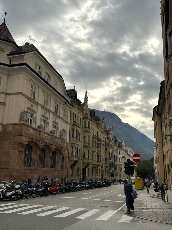 Street in Bolzano, Italy under overcast skies in November